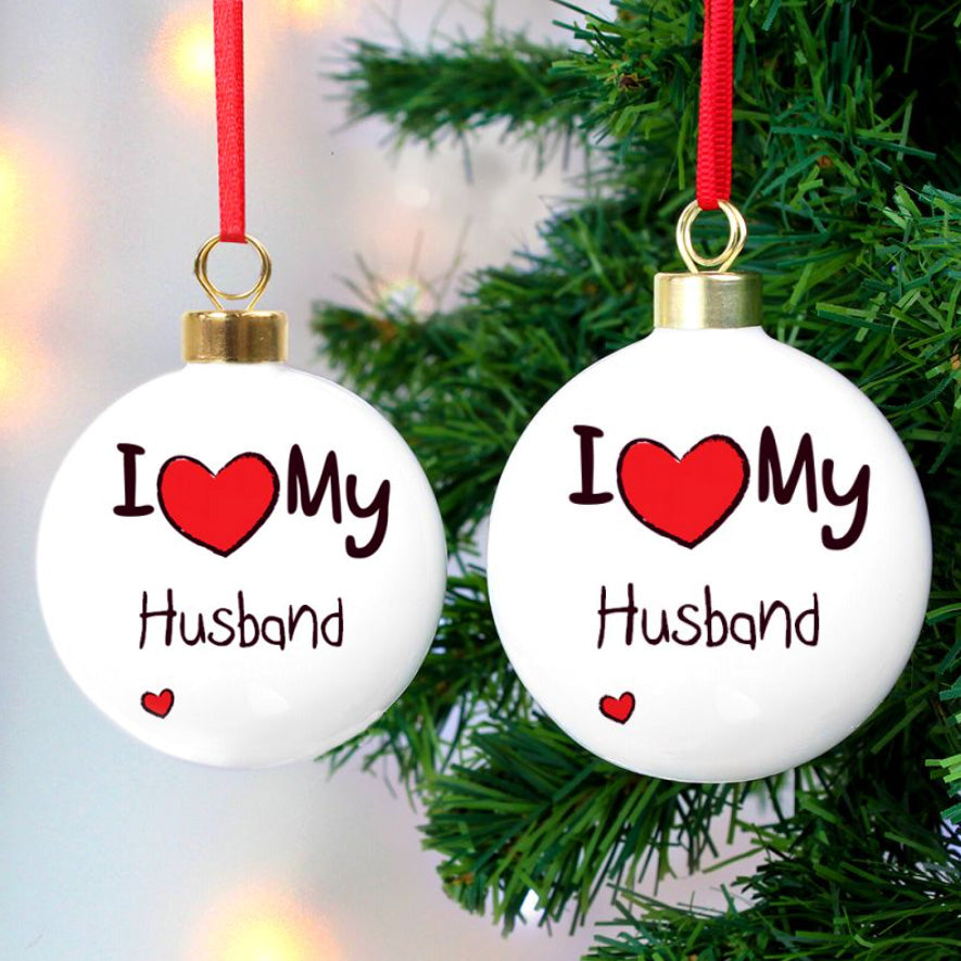 I Love my Husband/Boyfriend/Fiance - Gay Couple - Pair of Xmas Bauble Decorations | Gift