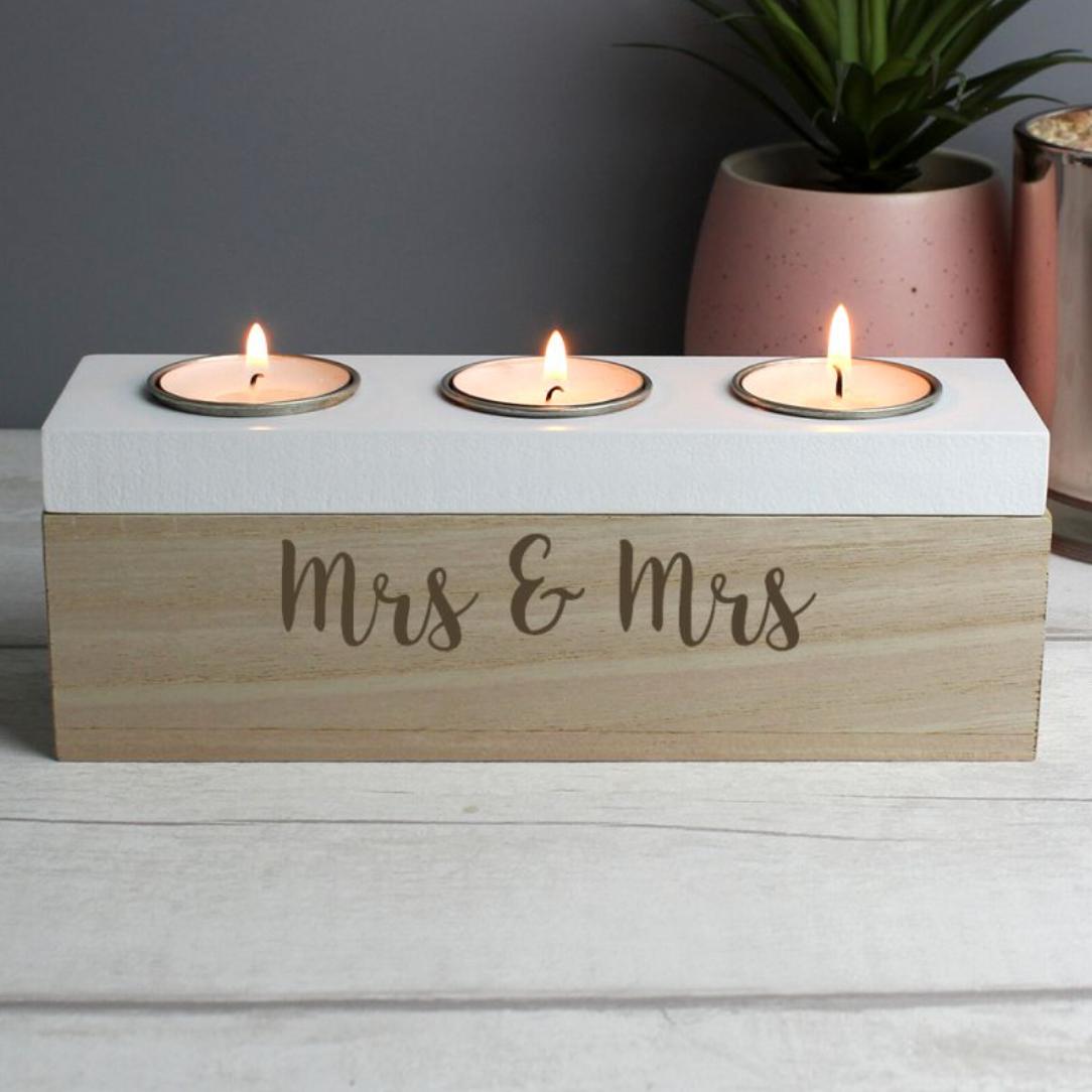 Mrs &amp; Mrs - Lesbian Gay Couple Personalised Triple Tea Light Box | Gift