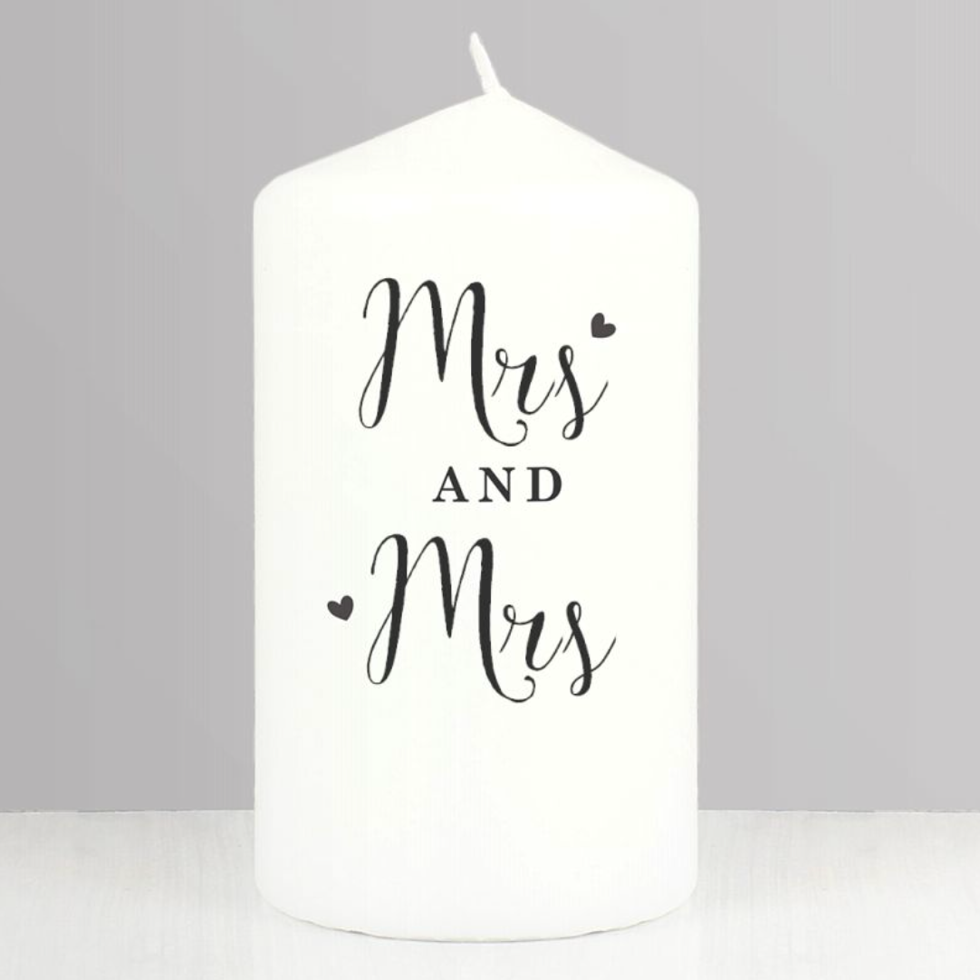 Mrs &amp; Mrs - Lesbian Gay Couple Personalised Pillar Candle | Gift