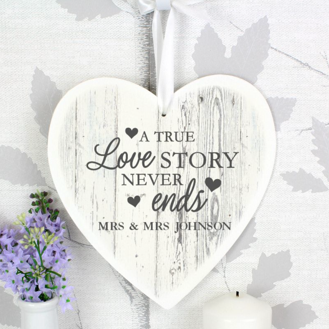 Mrs &amp; Mrs - Lesbian Gay Couple Personalised Wooden Heart Decoration | Gift