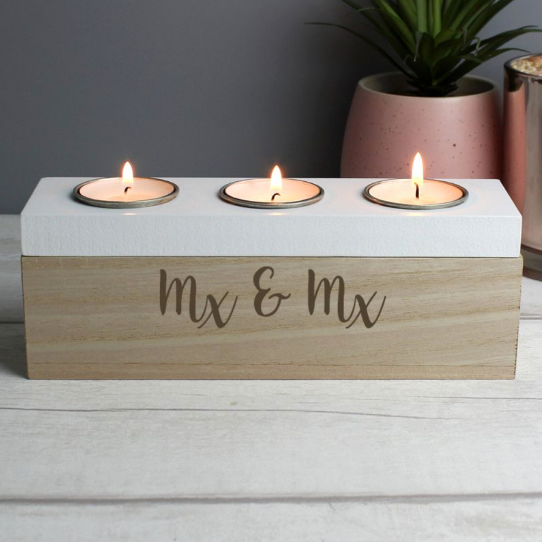 Mx &amp; Mx - Non-Binary Couple Personalised Triple Tea Light Box | Gift