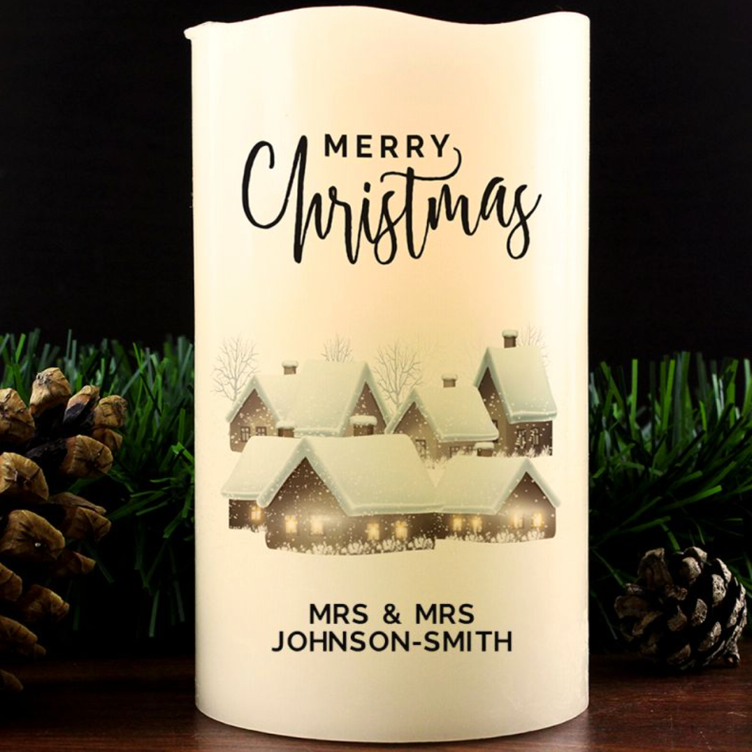 Mrs &amp; Mrs - Lesbian Gay Couple Personalised Christmas Town LED Candle | Gift