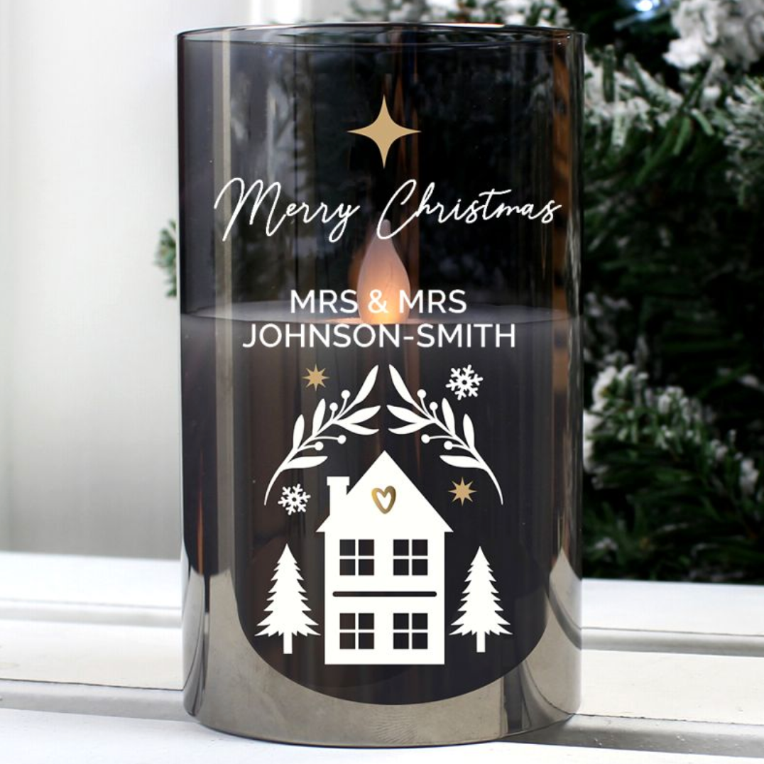 Mrs &amp; Mrs - Lesbian Gay Couple Personalised Christmas Smoked Glass LED Candle | Gift