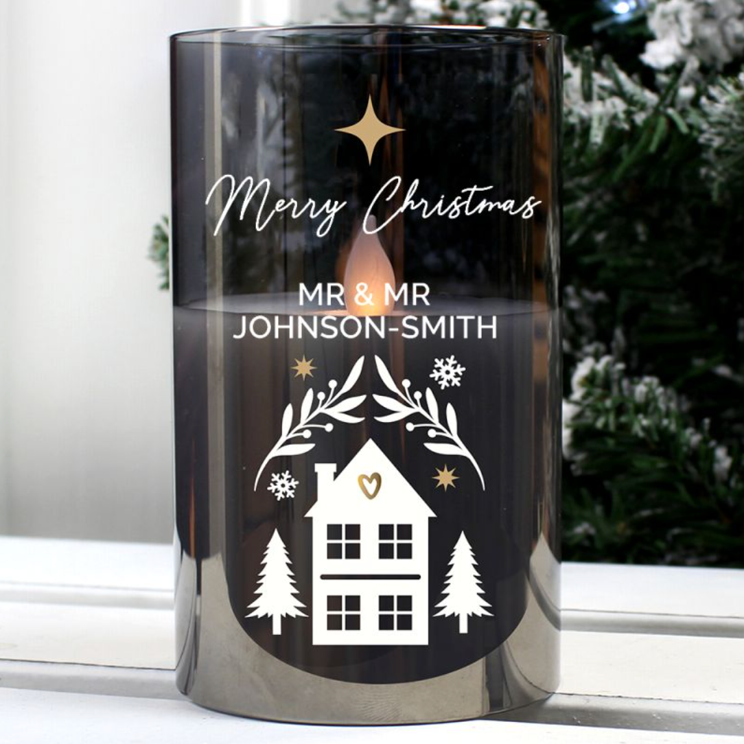 Mr &amp; Mr - Gay Couple Personalised Christmas Smoked Glass LED Candle | Gift
