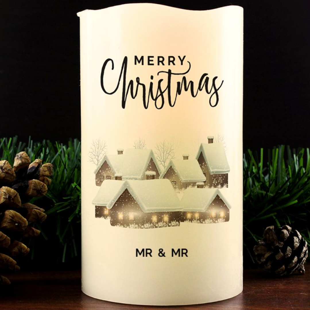 Mr &amp; Mr - Gay Couple Personalised Christmas Town LED Candle | Gift