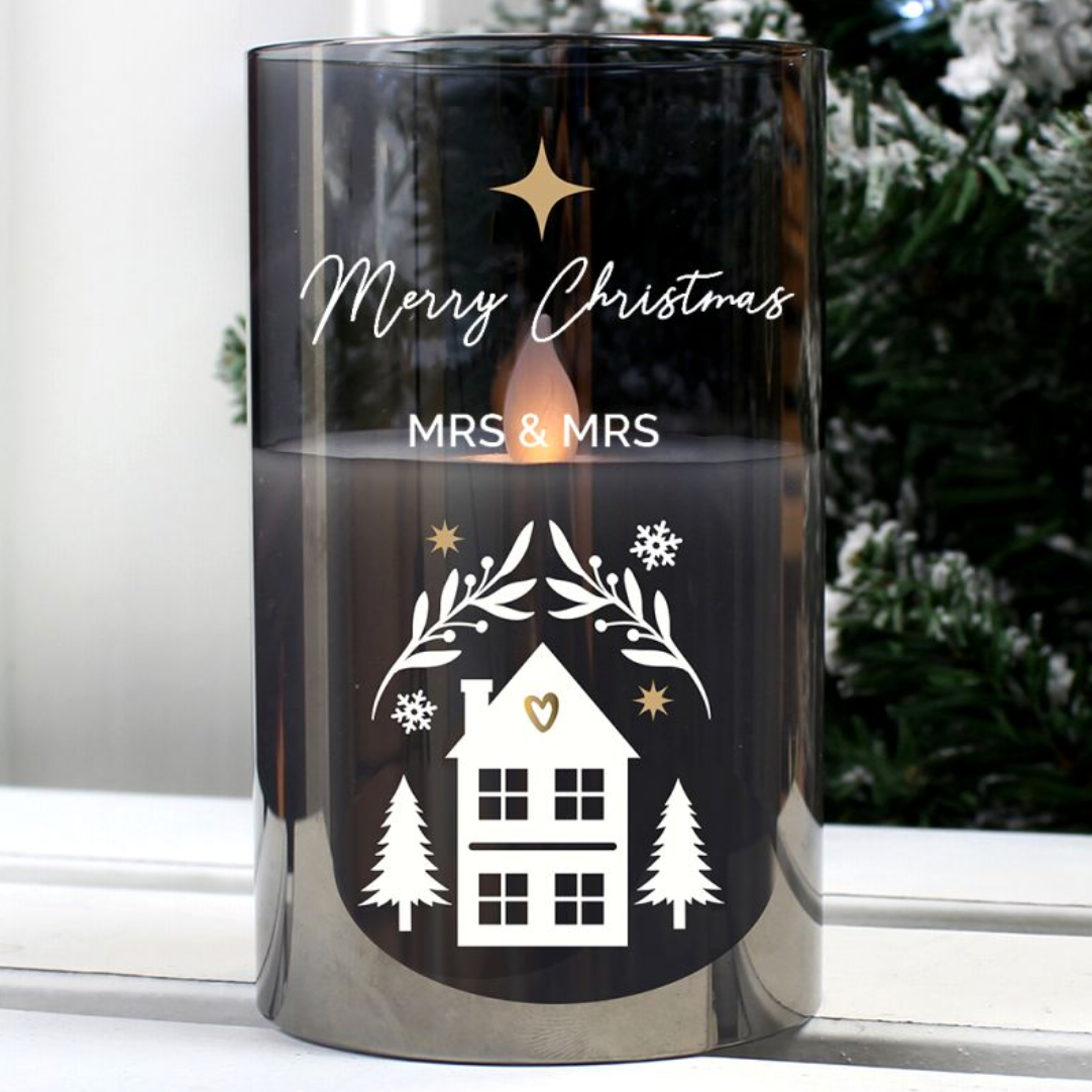 Mrs &amp; Mrs - Lesbian Gay Couple Personalised Christmas Smoked Glass LED Candle | Gift