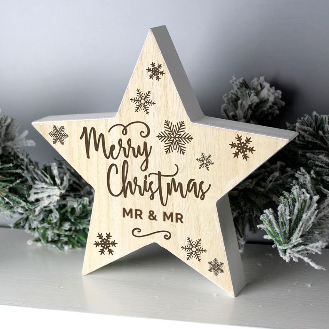 Mr &amp; Mr - Gay Couple Christmas Wooden Star Decoration | Gift