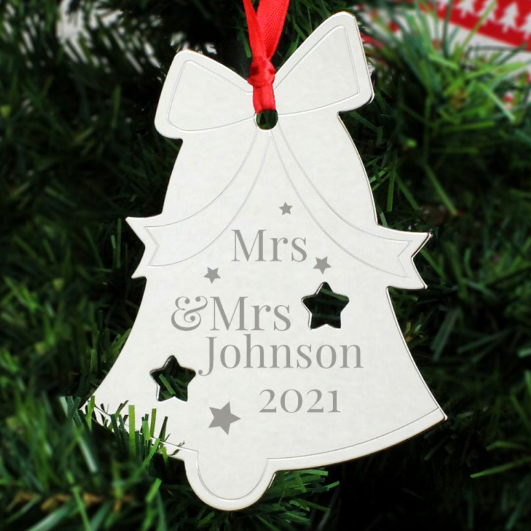 Mrs &amp; Mrs - Lesbian Gay Couple Personalised Bell Xmas Bauble Decoration | Gift