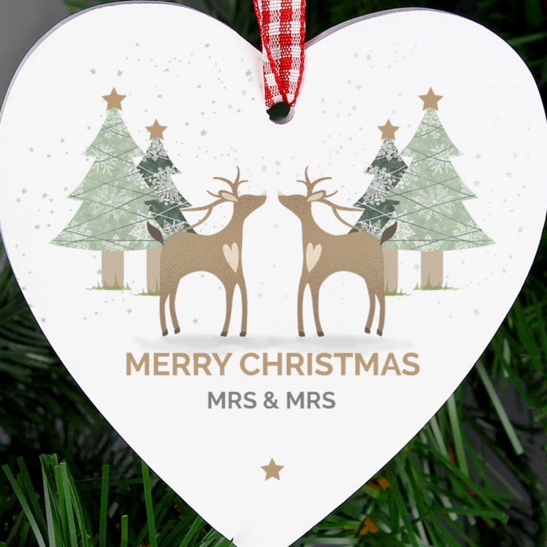 Mrs &amp; Mrs - Lesbian Gay Couple Personalised Reindeer Xmas Bauble Decoration | Gift