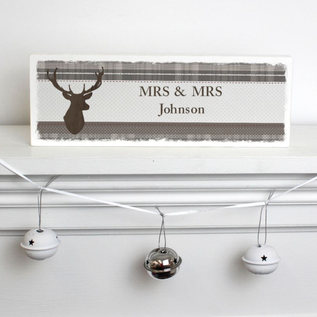 Mrs &amp; Mrs - Lesbian Gay Couple Personalised Christmas Stag Wooden Block | Gift