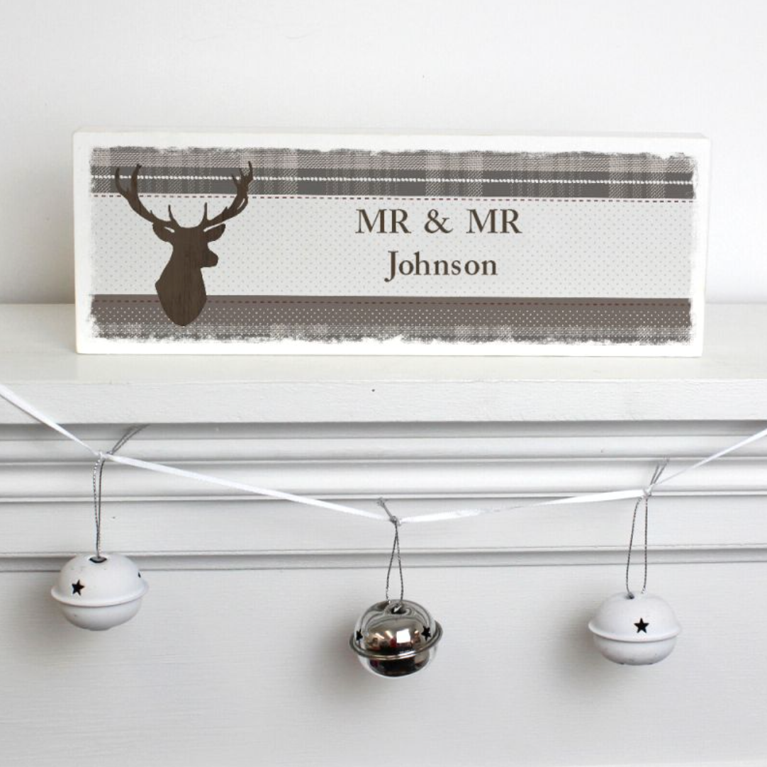 Mr &amp; Mr - Gay Couple Personalised Christmas Stag Wooden Block | Gift