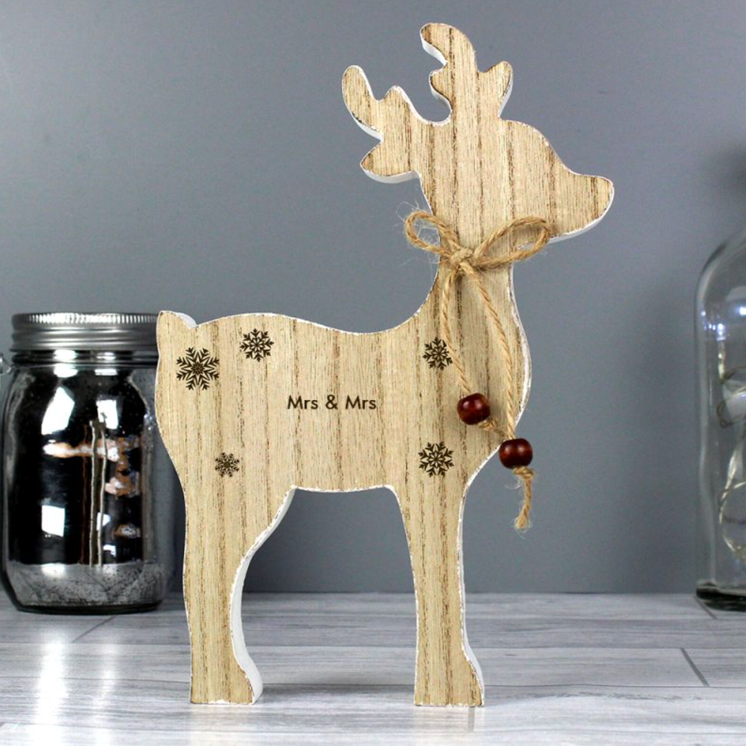 Mrs &amp; Mrs - Lesbian Gay Couple Personalised Christmas Wooden Reindeer Decoration | Gift