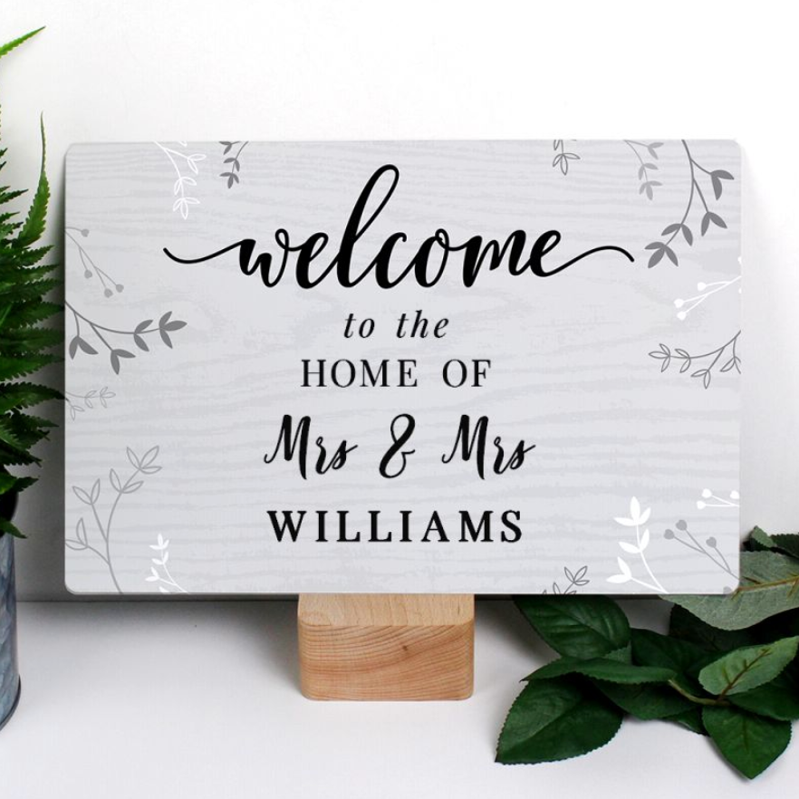 Mrs &amp; Mrs - Lesbian Gay Couple Personalised Welcome Sign | New Home Gift
