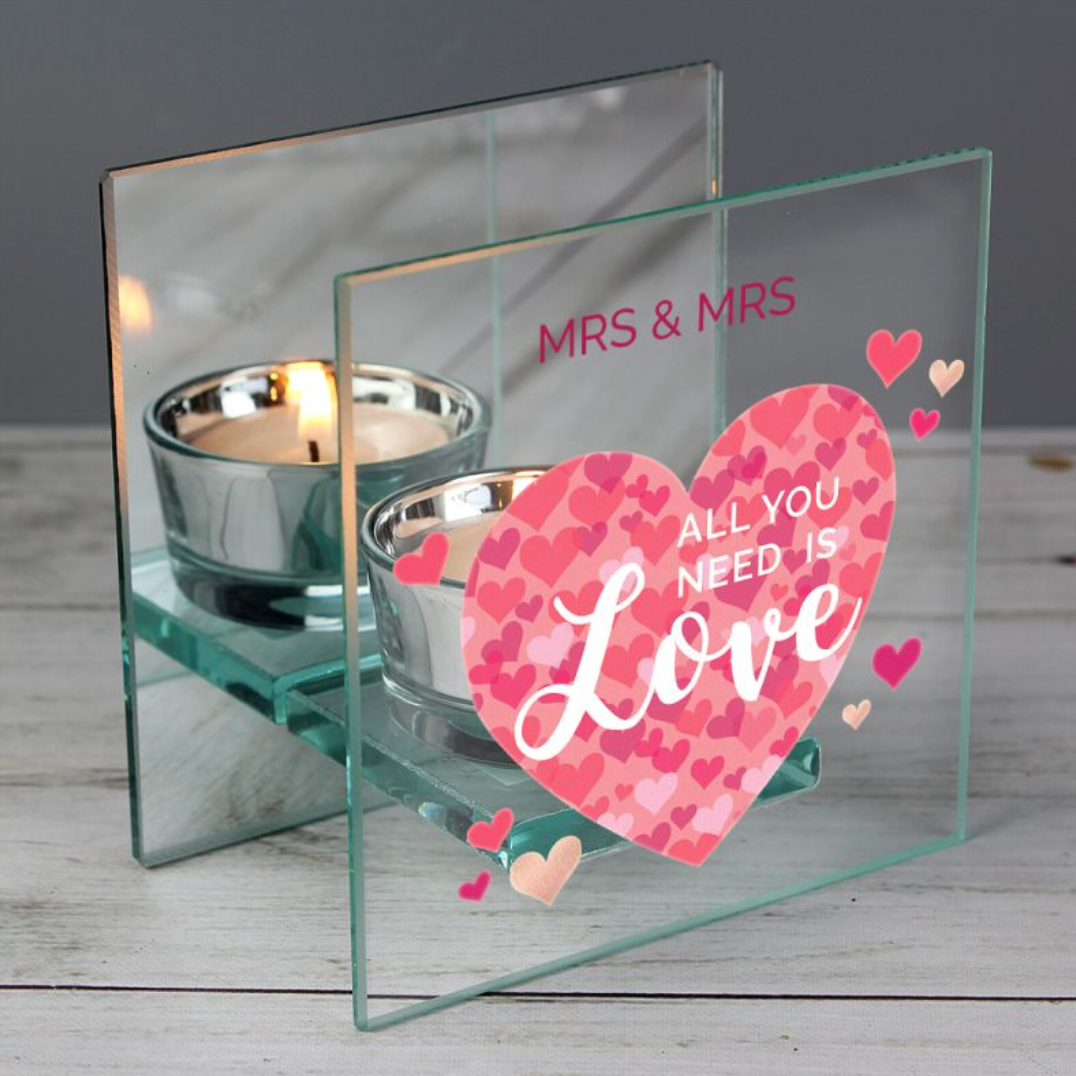Mrs &amp; Mrs - Lesbian Gay Couple Personalised Love Glass Tea Light Holder | Gift