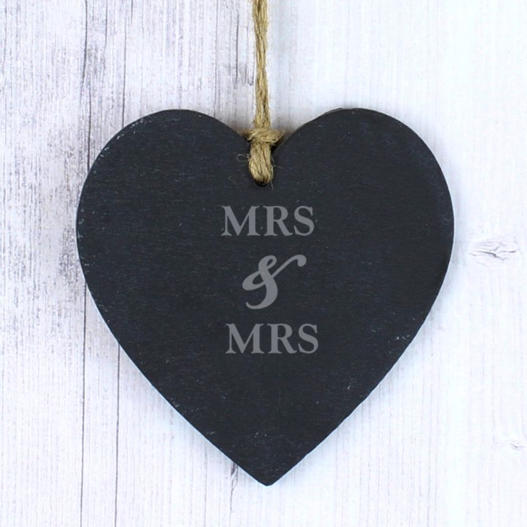 Mrs &amp; Mrs - Lesbian Gay Couple Slate Heart Decoration | Gift