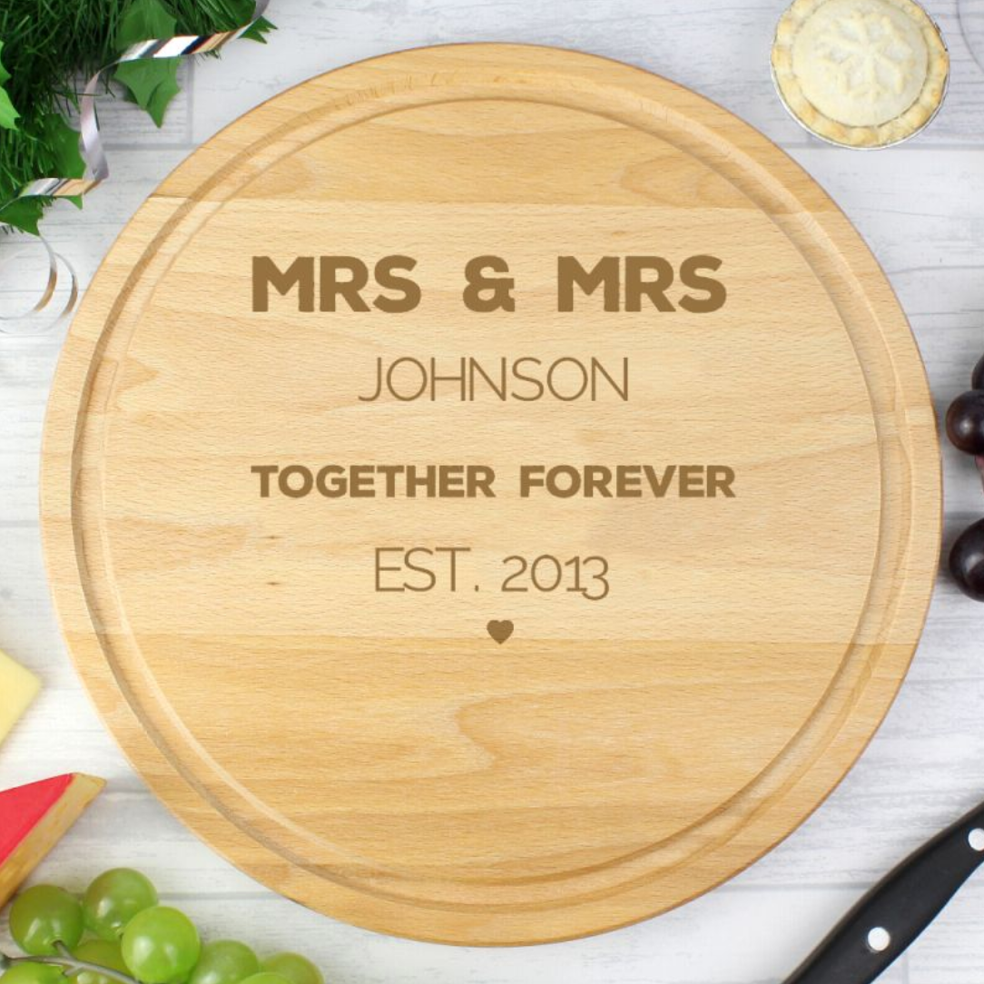 Mrs &amp; Mrs - Lesbian Gay Personalised Cheese Chopping Board | Gift