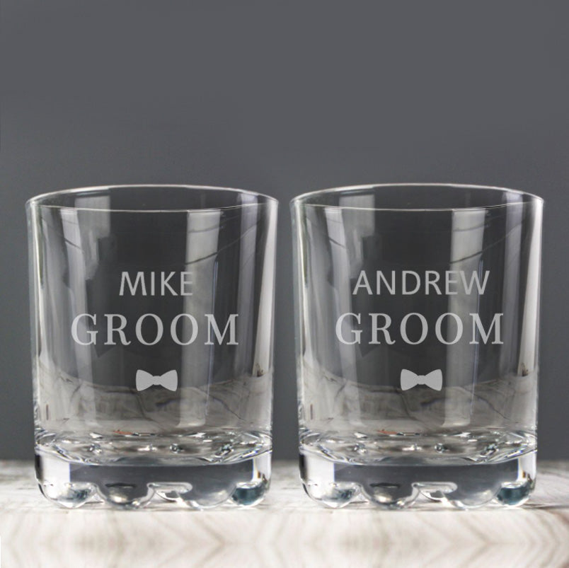 Groom &amp; Groom - Gay Couple Personalised Pair of Glass Tumblers | Wedding Gift
