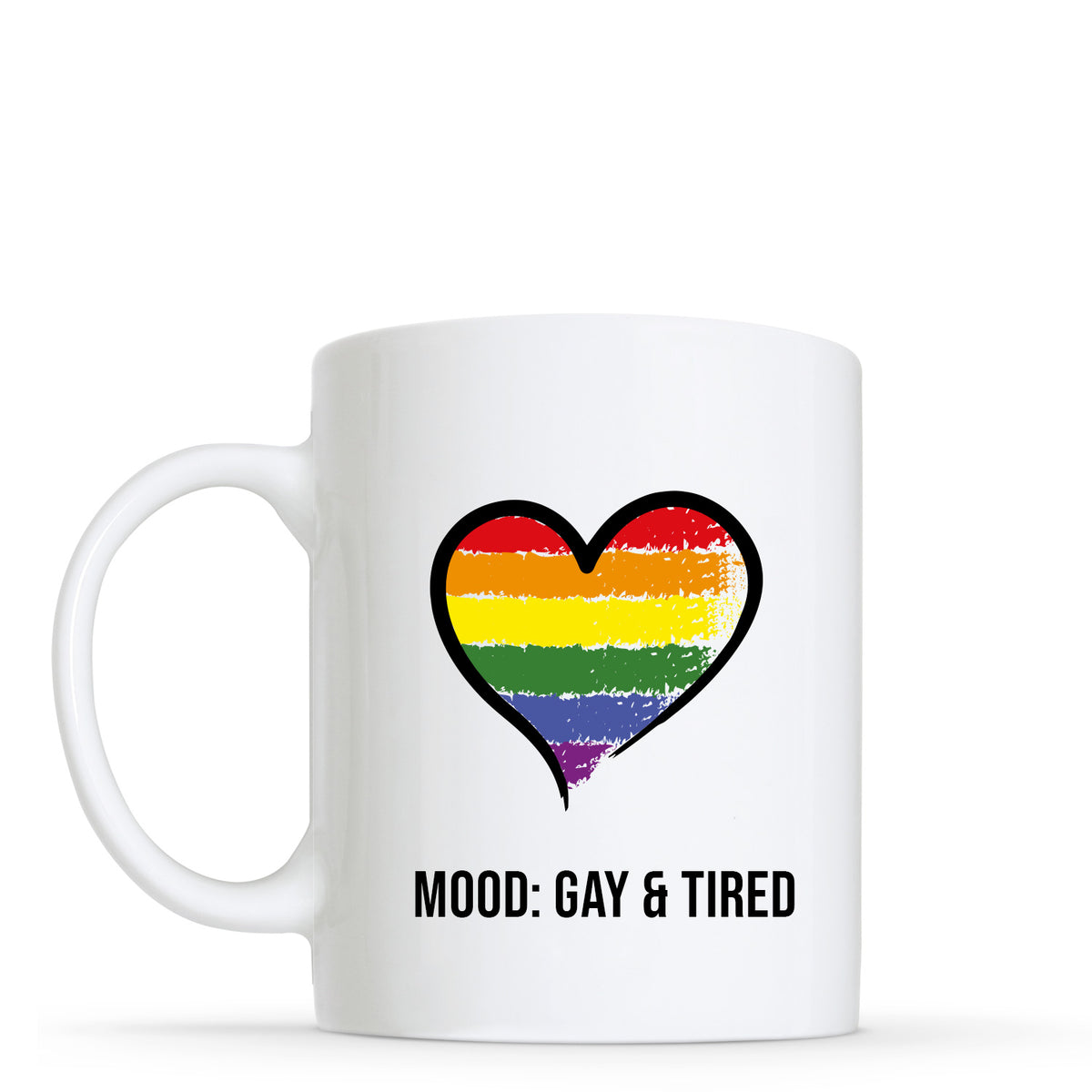 Mood: Gay &amp; Tired - LGBTQ+ (Rainbow) Flag Heart Shape Mug | Gift