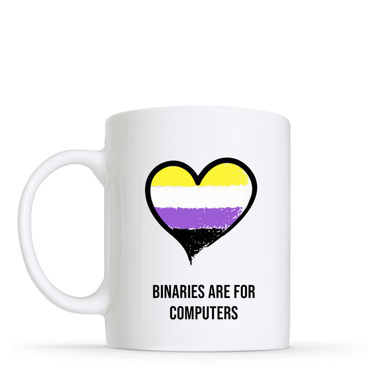 Binaries are For Computers - Non-Binary Flag Heart Shape Mug | Gift