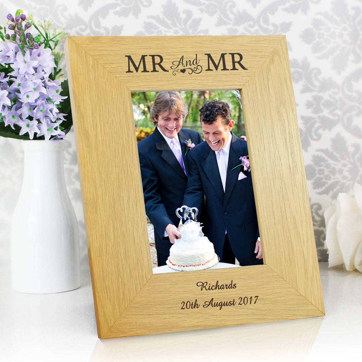 Mr &amp; Mr - Gay Couple Personalised 4x6 Oak Finish Photo Frame | Gift