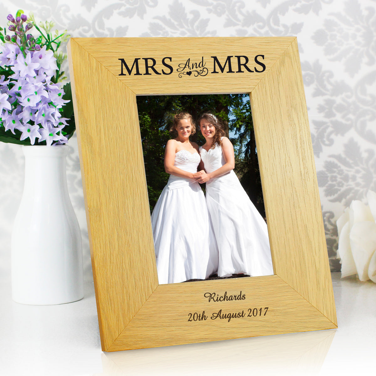 Mrs &amp; Mrs - Lesbian Gay Couple Personalised 4x6 Oak Finish Photo Frame | Gift